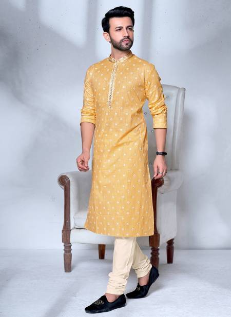 Yellow Colour Vog New Exclusive Fancy Festive Wear Cotton Embroidery Kurta Pajama Mens Collection VOG-KP-1